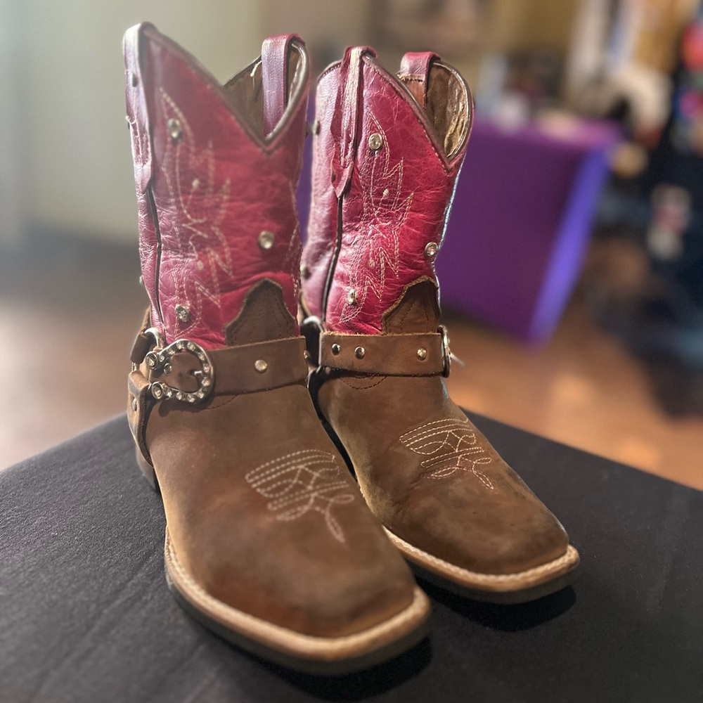 Kids Leather Western Cowboy Boots - Brown and Pink
